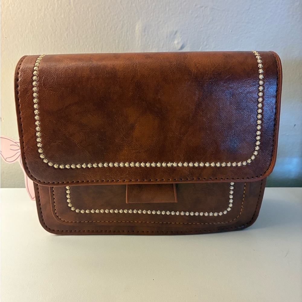 Women's Brown Faux Leather Crossbody Bag with Stud Detailing